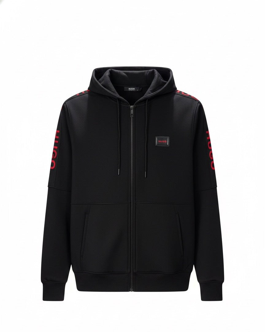 Hugo Black Zip-Up jacket – Signature Red Sleeve Logo