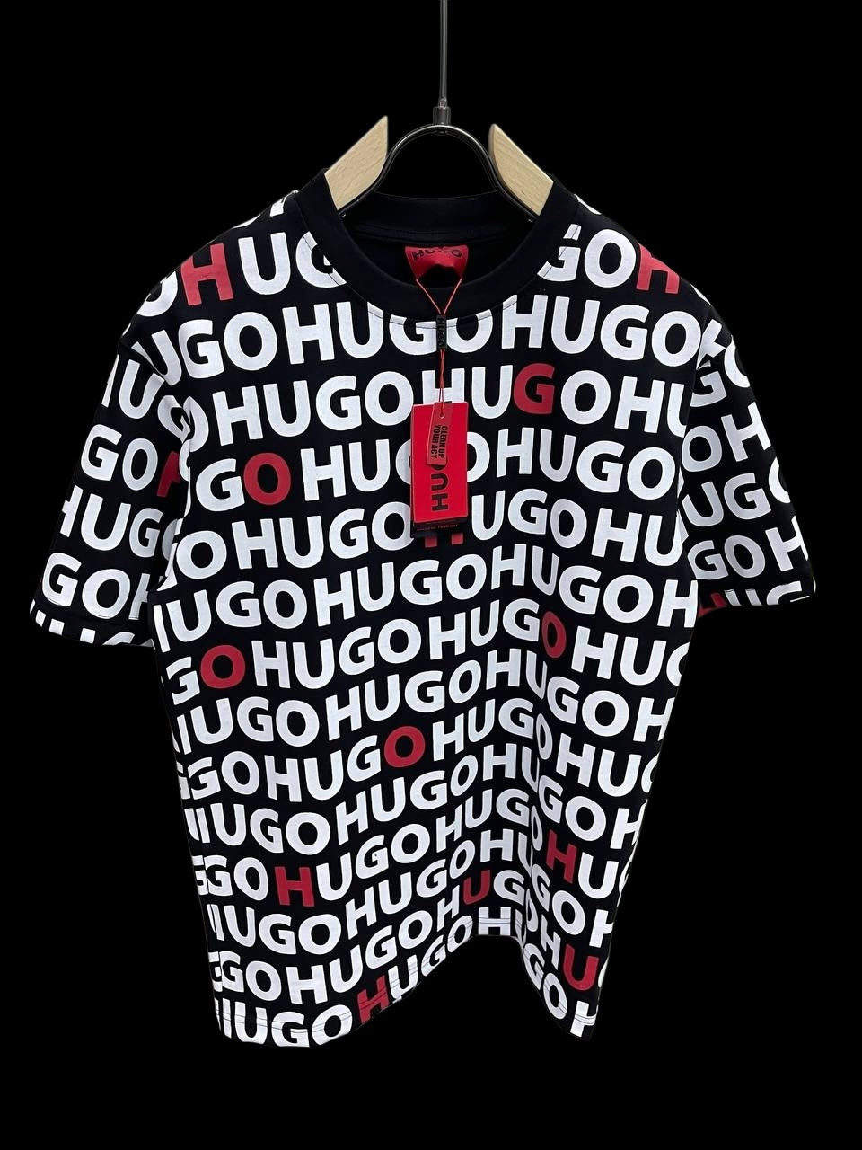 HUGO BLACK All-Over Logo Print T-Shirt – Black & Red