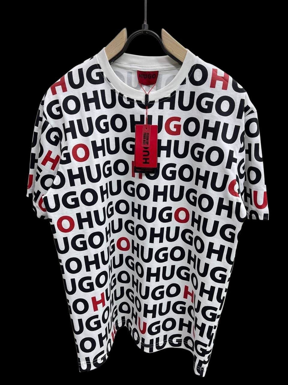 HUGO All-Over Logo Print T-Shirt – Black & Red