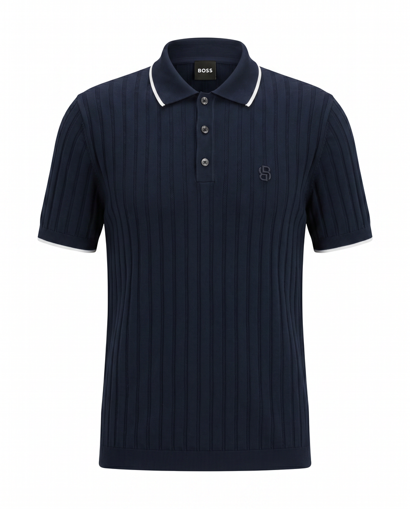 BOSS Ribbed Knit Luxury Polo Shirt – Navy Blue