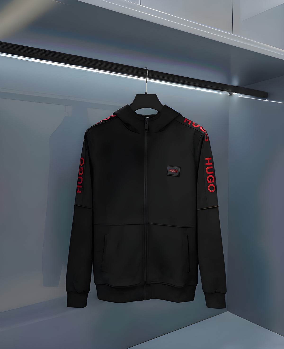 Hugo Black Zip-Up jacket – Signature Red Sleeve Logo