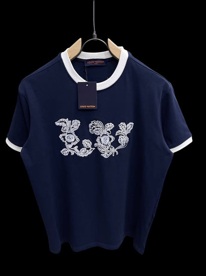 Louis Vuitton Floral Embroidered T-Shirt – Navy & White