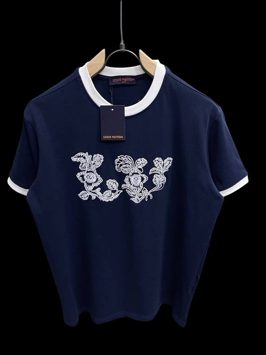 Louis Vuitton Floral Embroidered T-Shirt – Navy & White
