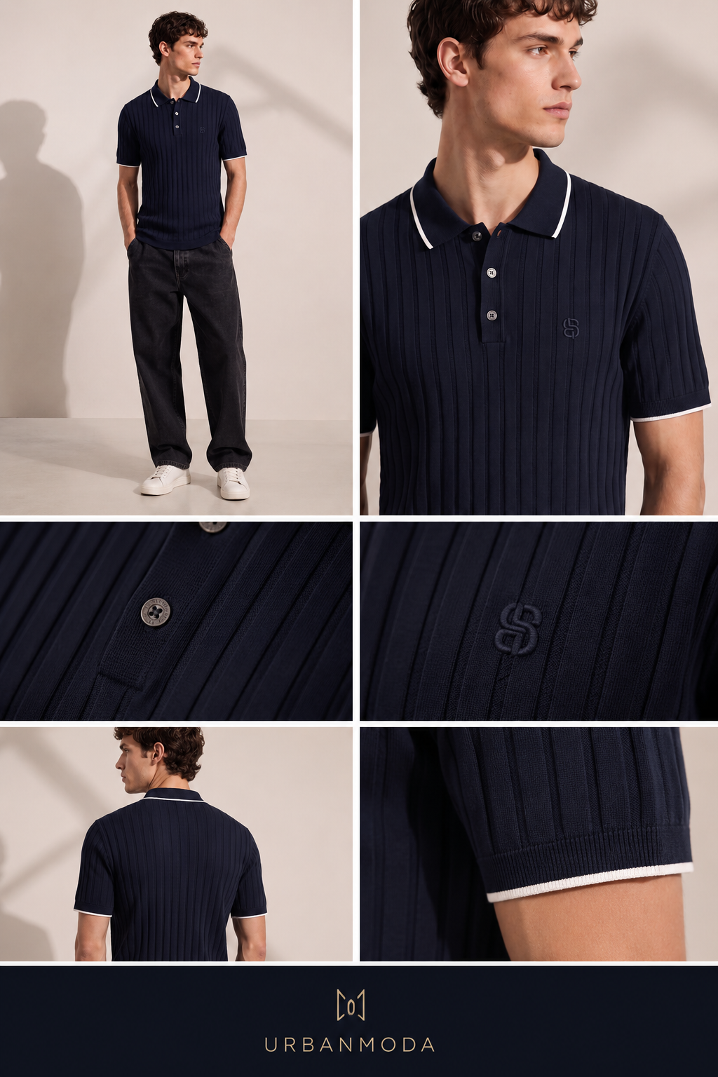 BOSS Ribbed Knit Luxury Polo Shirt – Navy Blue