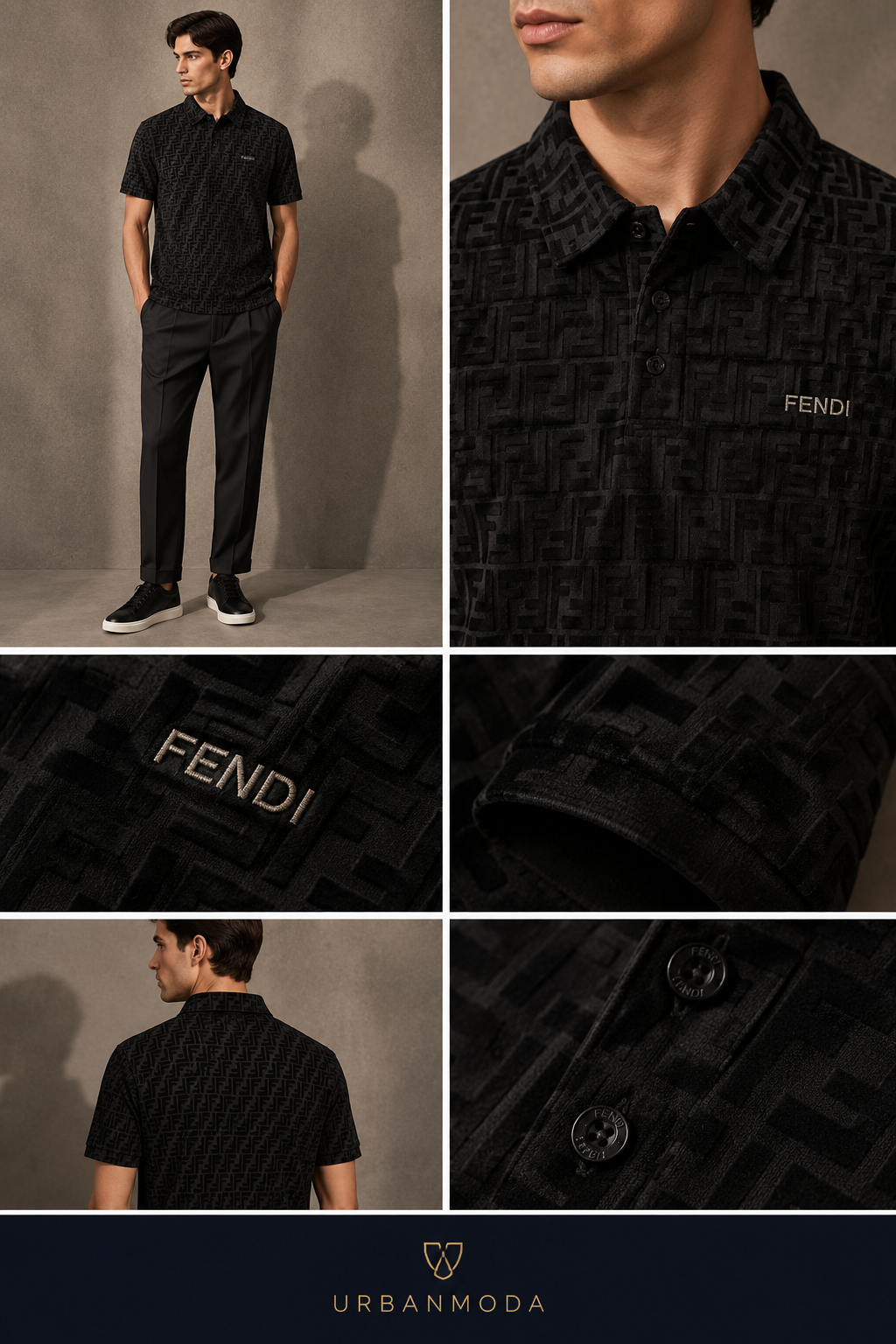 Fendi-Inspired Monogram Black Polo Shirt