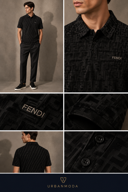 Fendi-Inspired Monogram Black Polo Shirt