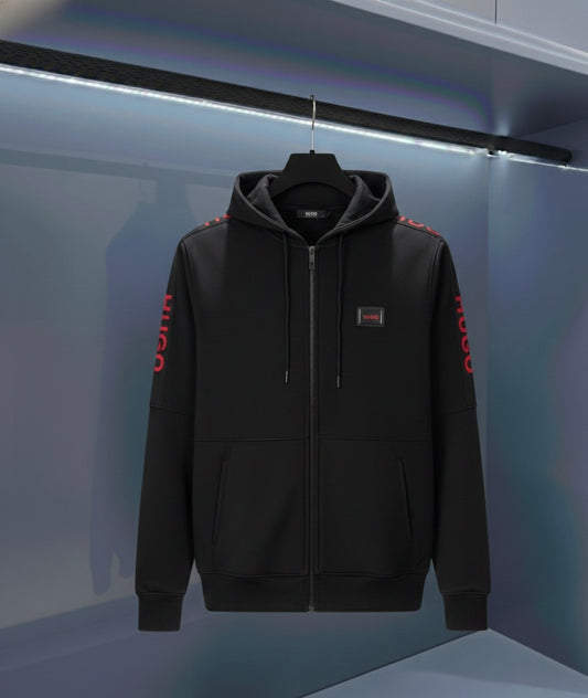 Hugo Black Zip-Up jacket – Signature Red Sleeve Logo