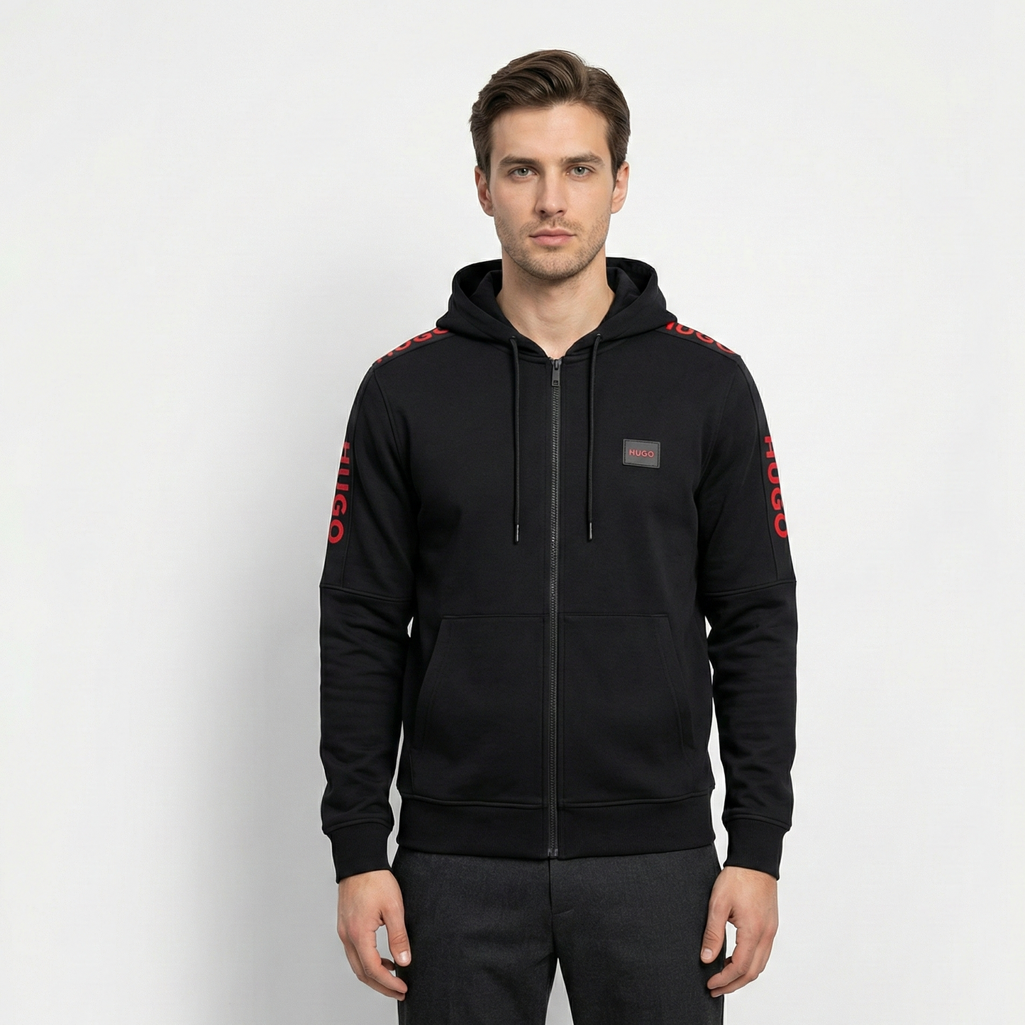 Hugo Black Zip-Up jacket – Signature Red Sleeve Logo