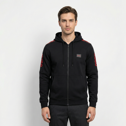 Hugo Black Zip-Up jacket – Signature Red Sleeve Logo