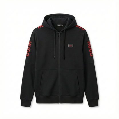 Hugo Black Zip-Up jacket – Signature Red Sleeve Logo