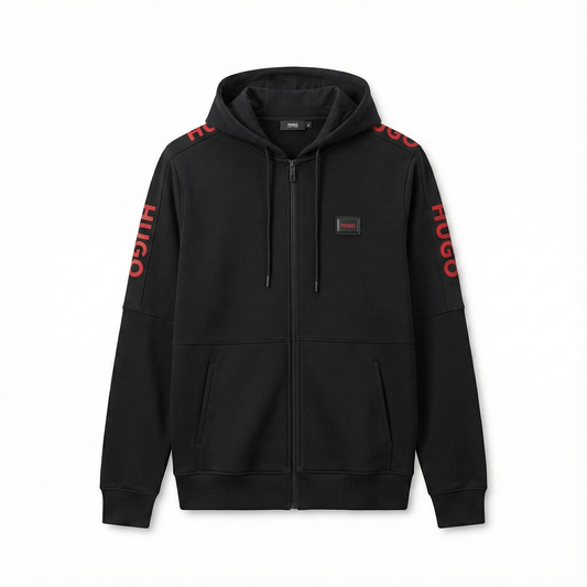 Hugo Black Zip-Up jacket – Signature Red Sleeve Logo