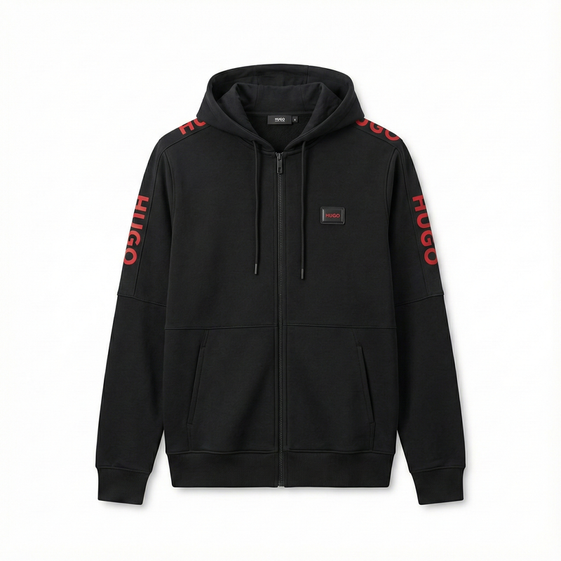 Hugo Black Zip-Up jacket – Signature Red Sleeve Logo