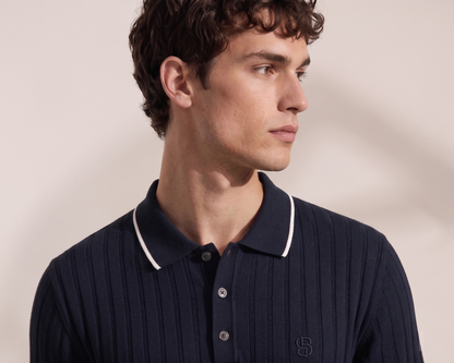 BOSS Ribbed Knit Luxury Polo Shirt – Navy Blue