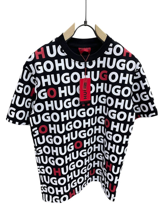 HUGO BLACK All-Over Logo Print T-Shirt – Black & Red
