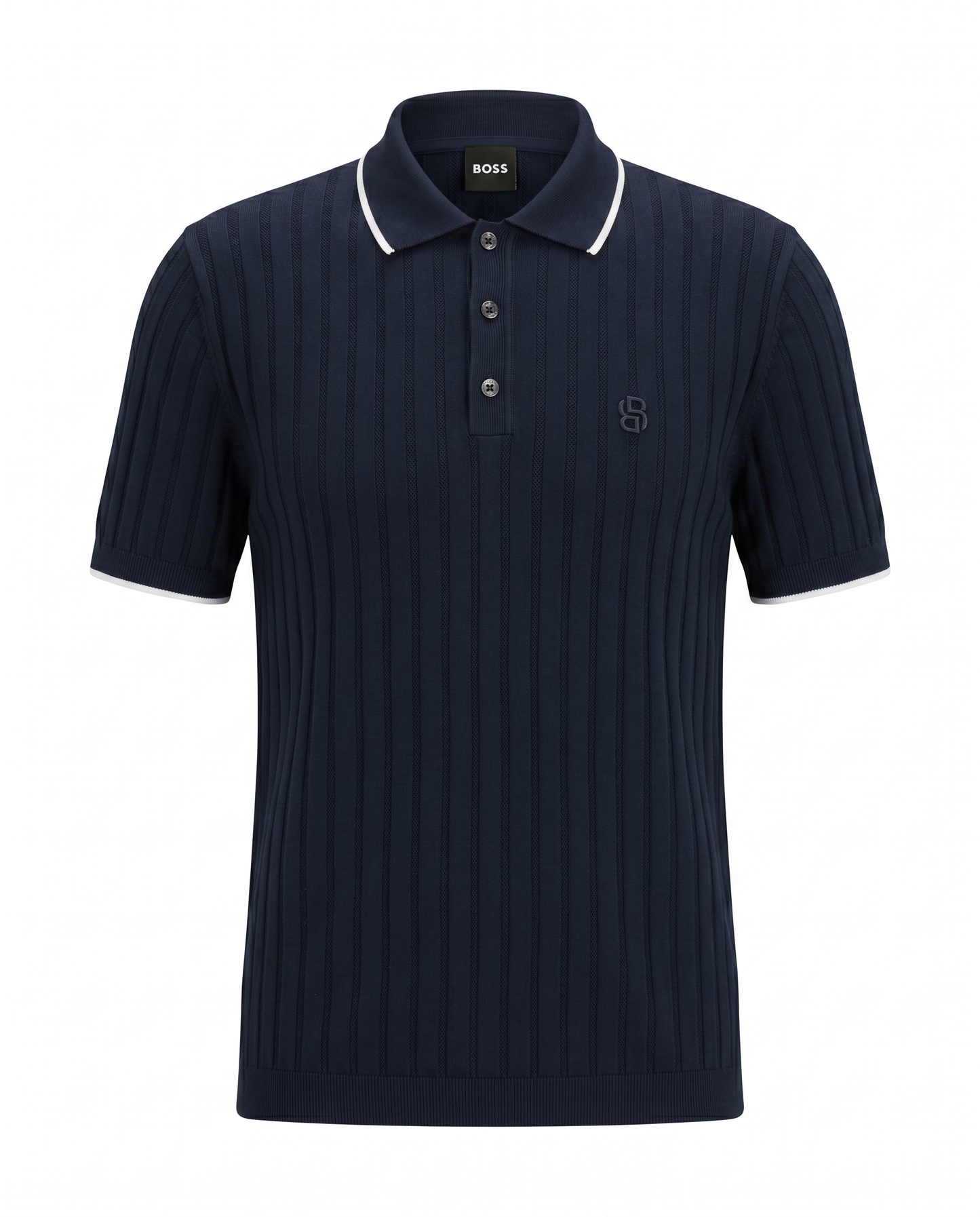 BOSS Ribbed Knit Luxury Polo Shirt – Navy Blue