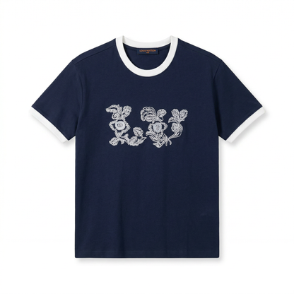 LV Floral Embroidered T-Shirt – Navy & White