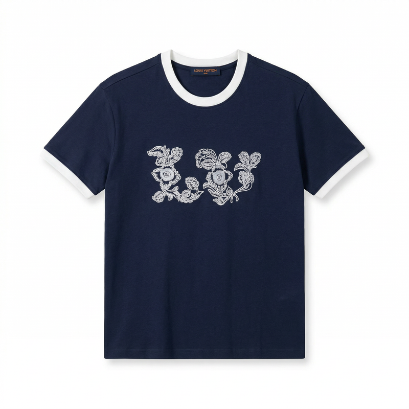 LV Floral Embroidered T-Shirt – Navy & White